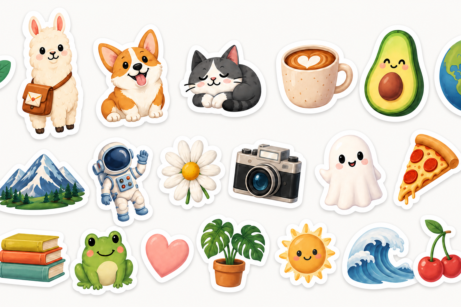 Sticker inspiration: a llama, corgi, sleepy cat, coffee, avocado, astronaut, flowers, and more.